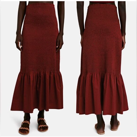 A.L.C. | Lyra Smocked Burgundy Cotton Poplin Midi Maxi Mixi Skirt 8 - Picture 2 of 7